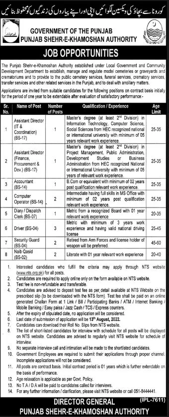 Jobs in Punjab Shehr-E-Khamoshan Authority – Govt of Punjab Jobs 2022 — original advertisement