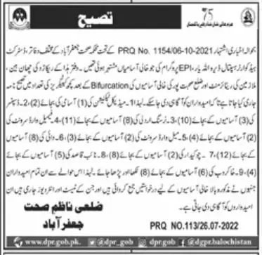 Correction Health Department District JafarAbad Jobs – Health Department Balochsitan Jobs 2022 — original advertisement