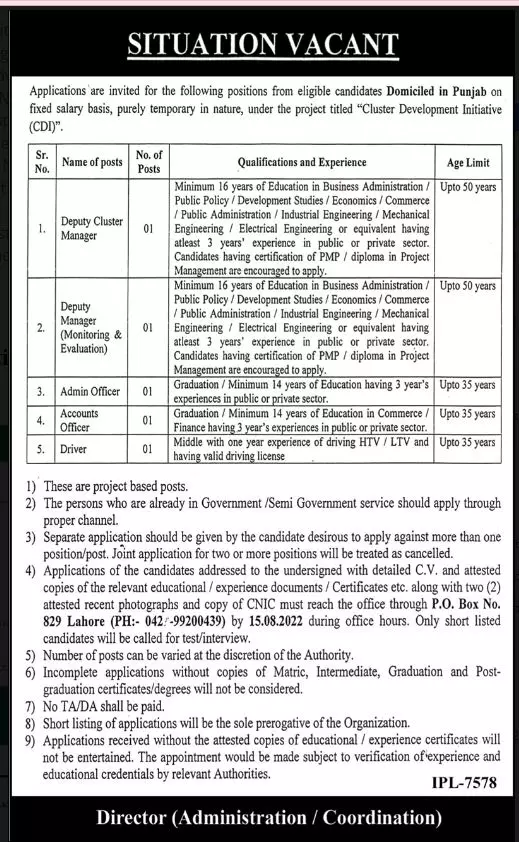 Jobs in Cluster Development Initiative CDI Punjab Jobs 2022 — original advertisement
