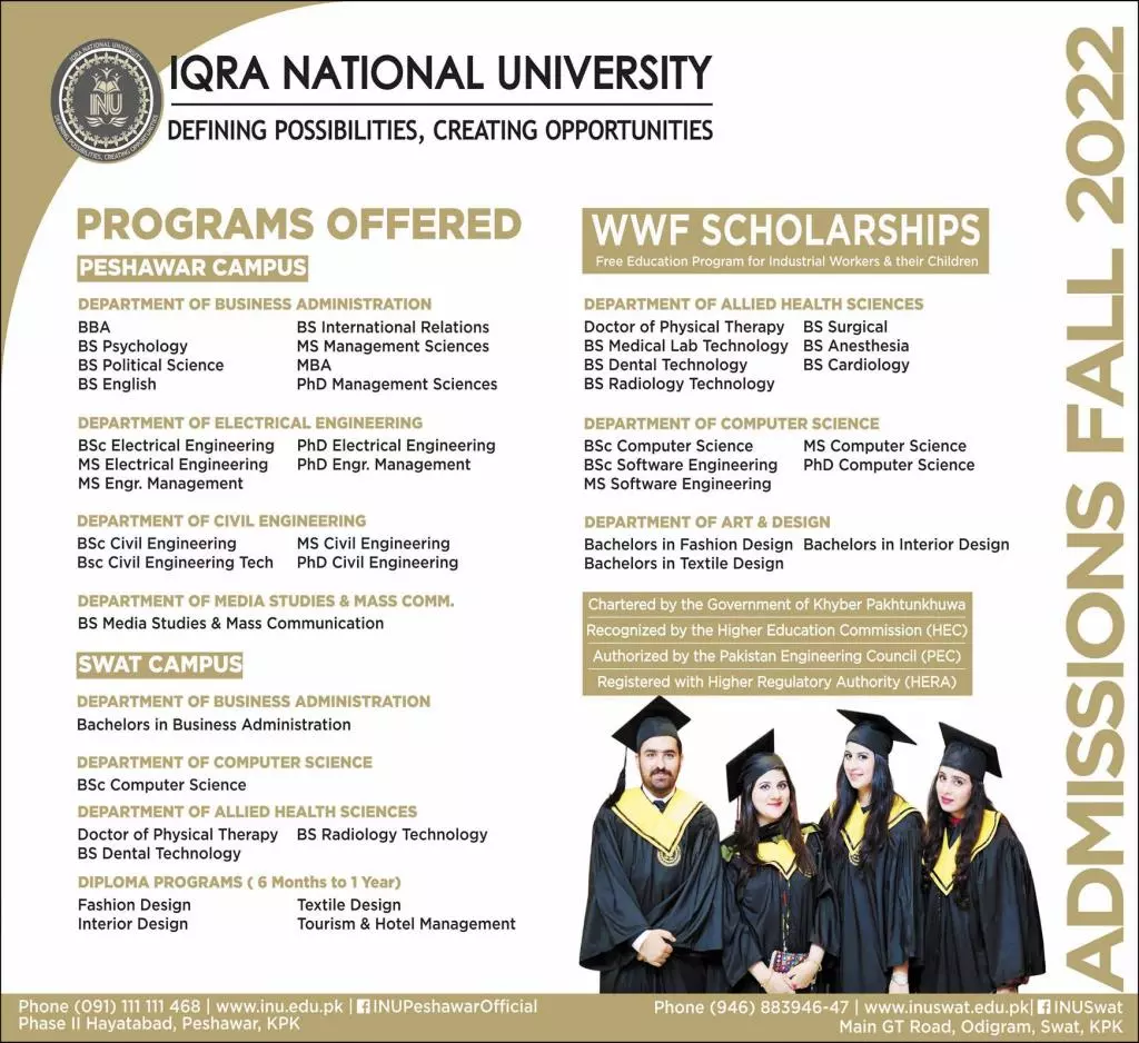Admission in Iqra  National University Swat Campus – IQRA National University Swat Campus Admissions 2022 — original advertisement
