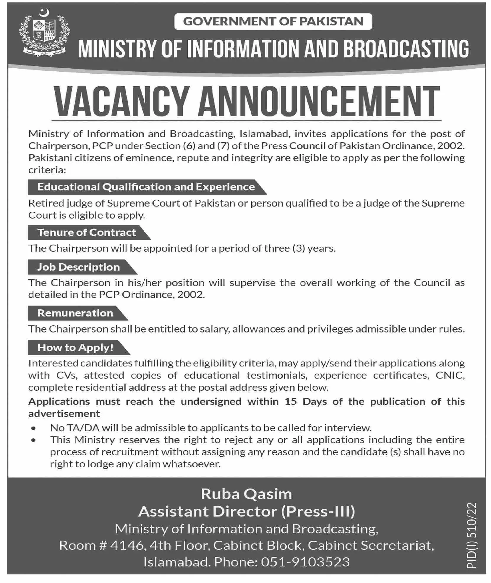 Jobs in Ministry of information And Broadcasting Pakistan – Ministry of Information & Broadcasting Pakistan Jobs 2022 — original advertisement