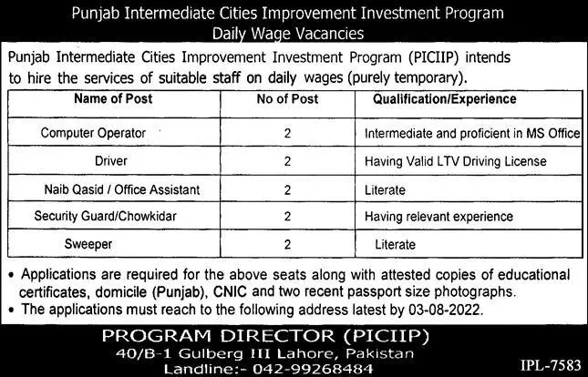 Jobs in Punjab Intermediate Cities Improvement Program – Centre for the Improvement of Working Conditions and Environment (CIWCE) Lahore Jobs 2022 — original advertisement