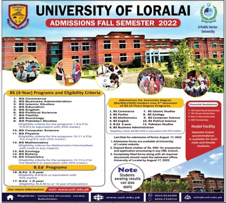 Admissin in university of Loralai 2022 Jobs 2022 — original advertisement