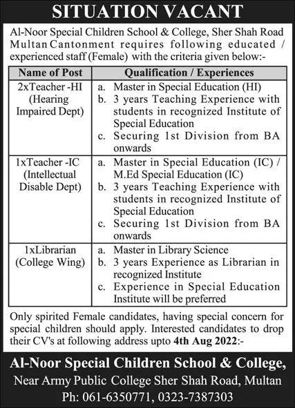 Jobs Al Noor Special Children School & College – Cantonment Board Jobs 2022 — original advertisement