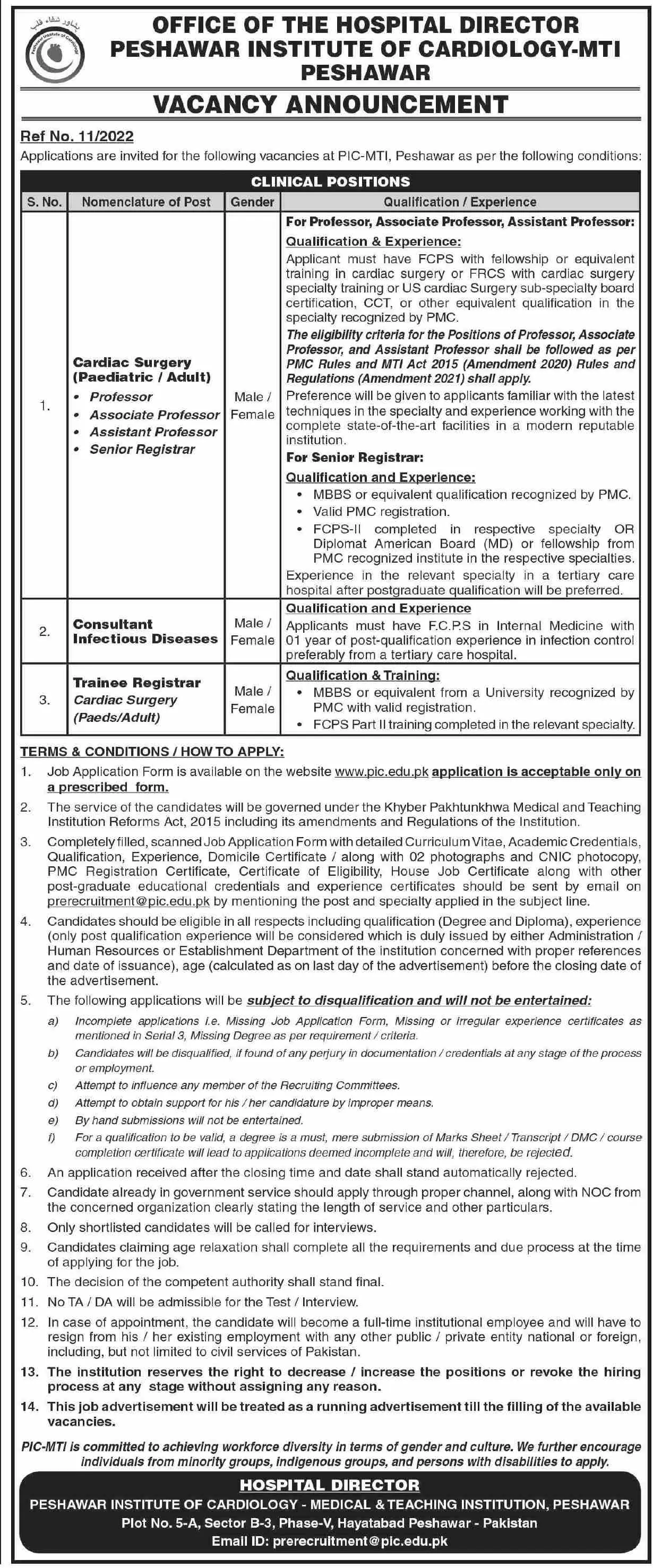 Jobs in Peshawar institute of Cardiology MTI Peshawar Jobs 2022 — original advertisement