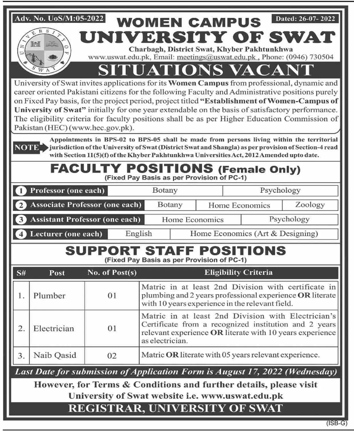 Jobs in University of Swat Jobs 2022 — original advertisement