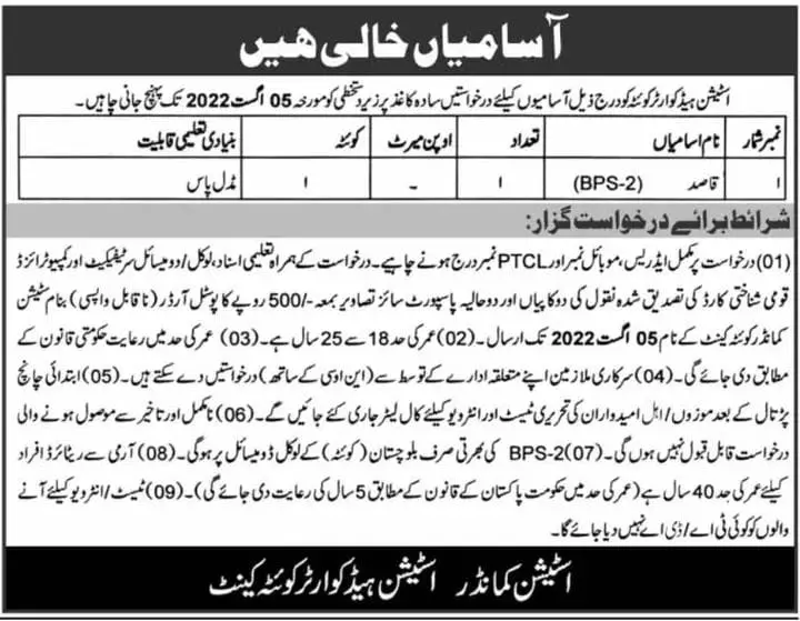 Jobs in Station Headquarter Quetta Cantt 2022 – Pakistan Army Jobs 2022 — original advertisement
