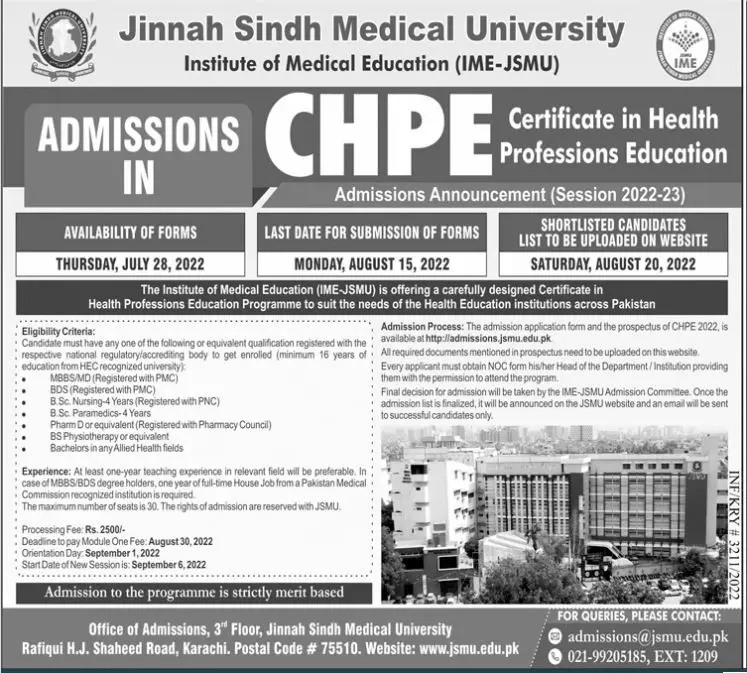 jinnah sindh medical university admission 2022 – Jinnah Sindh Medical University Karachi Admissions 2022 — original advertisement