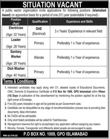Jobs in Public Sector organization Islamabad Jobs 2022 — original advertisement