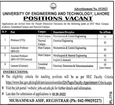 Jobs in University of Engineering And Technology Lahore – University of Engineering  & Technology Lahore Jobs 2022 — original advertisement