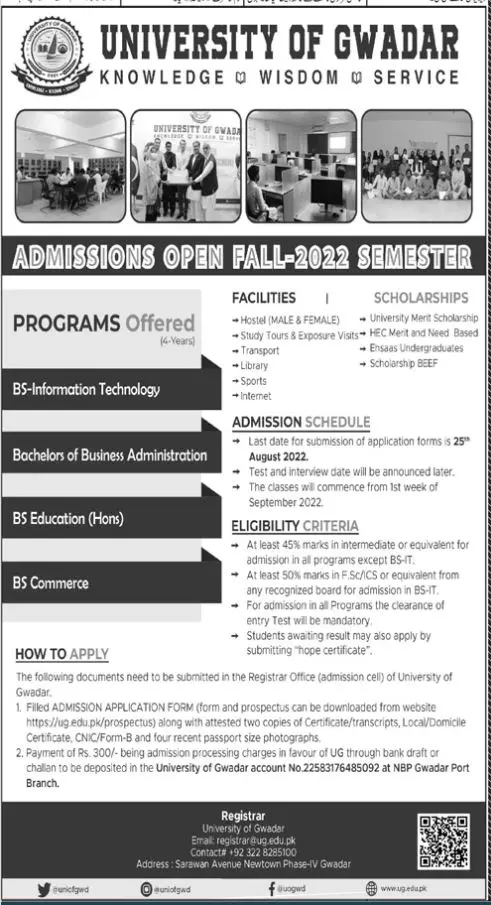 Admission in University of Gwadar Admissions 2022 — original advertisement