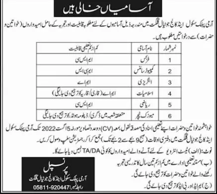 Jobs in army Public School Gilgit Baltistan – Army Public School & College Paksitan Jobs 2022 — original advertisement