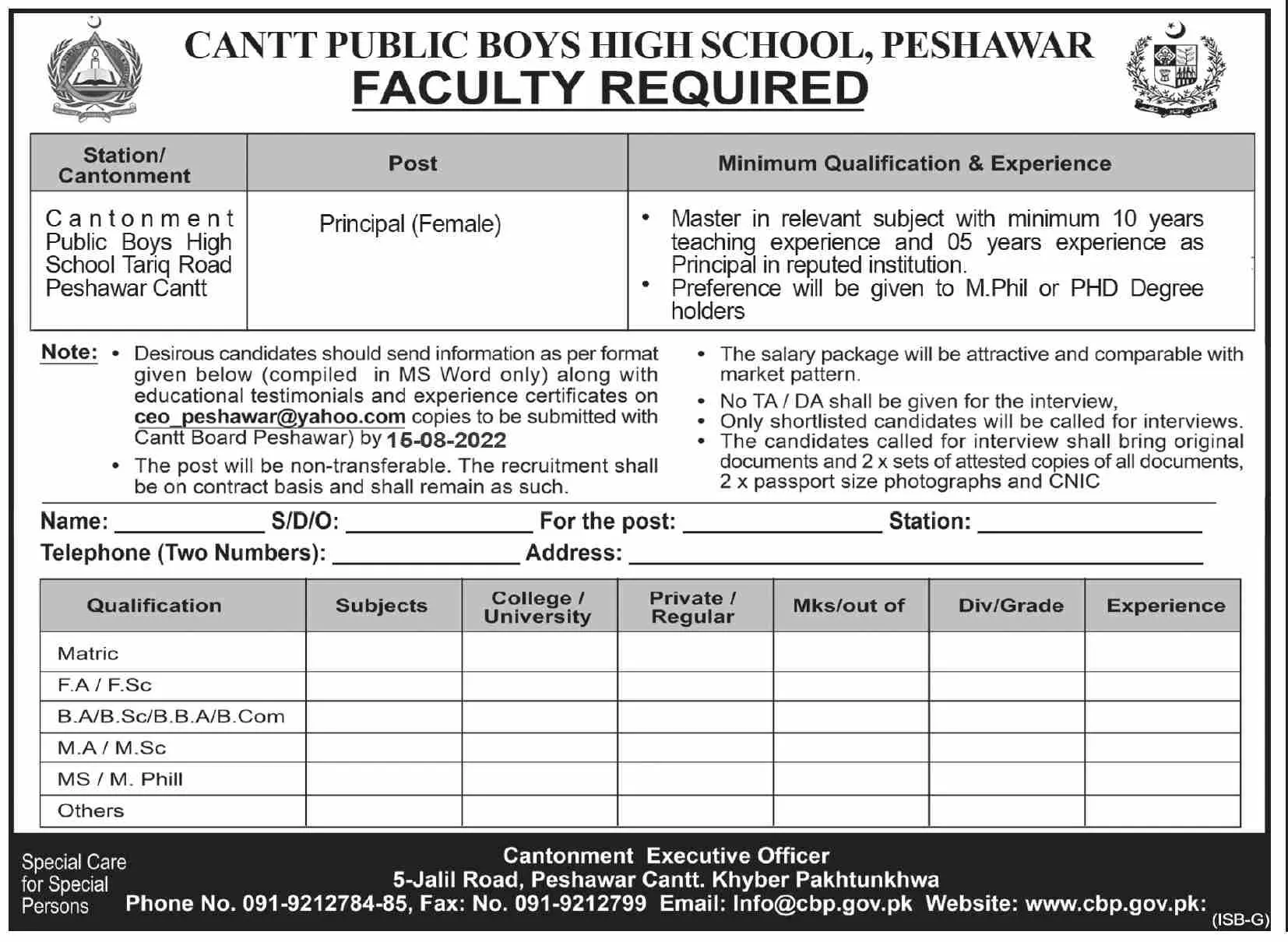 Jobs in Cantt Public Boys High School Peshawar – Cantonment Board Jobs 2022 — original advertisement