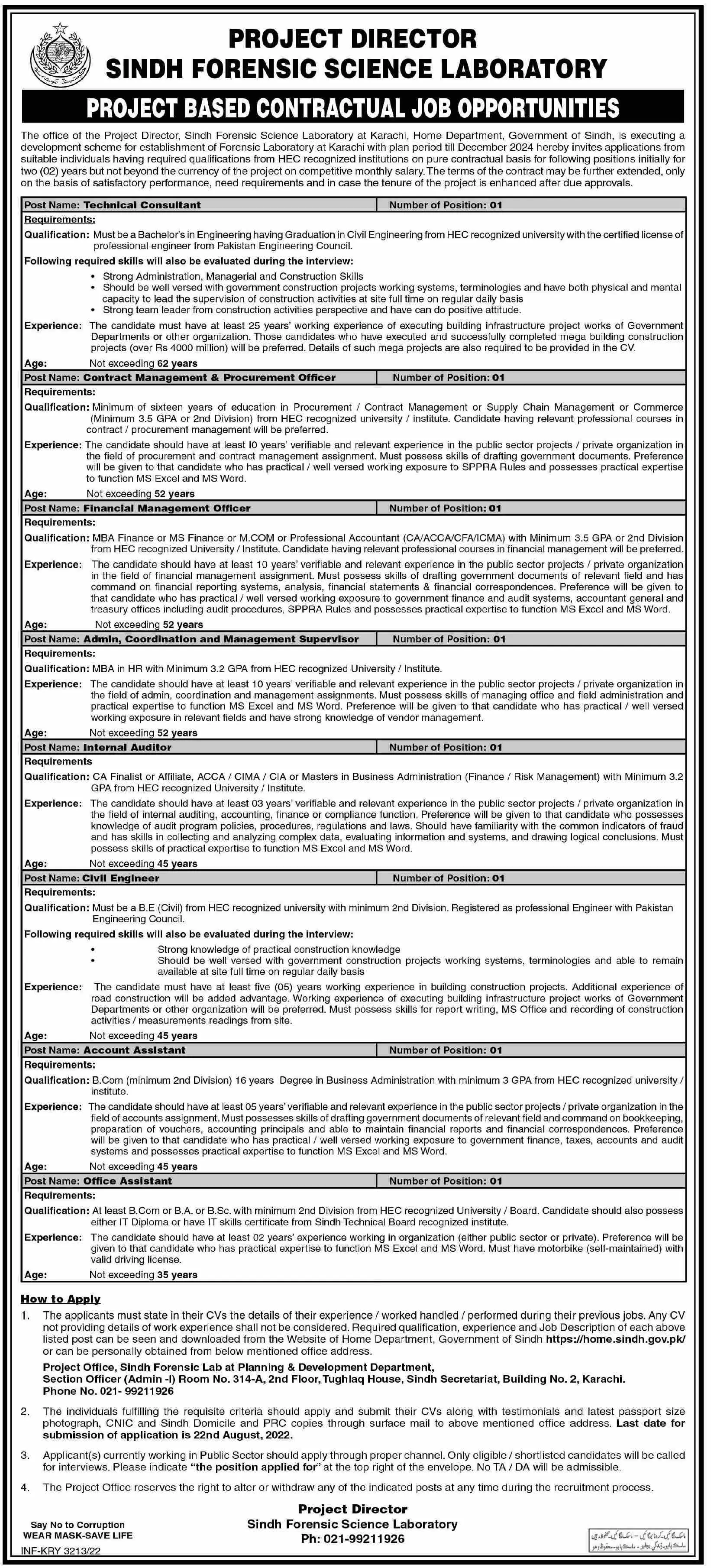 Jobs in Sindh Forensic Science Laboratory Karachi – Govt of Sindh Jobs 2022 — original advertisement