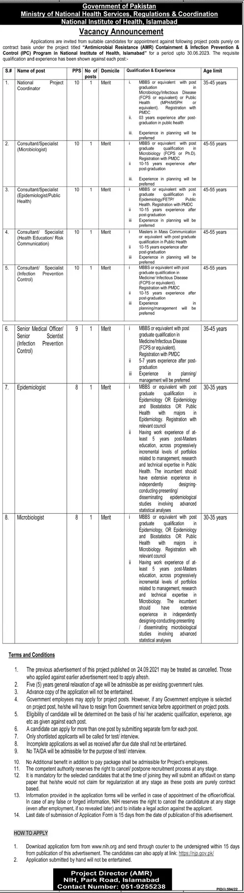 Jobs in Ministry of National Health Services Islamabad – Ministry of National Health Services Regulation and Coordination Jobs 2022 — original advertisement