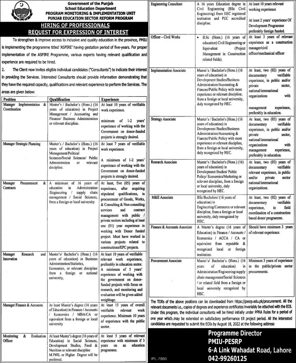 Jobs in Punjab School Education Department 2022 – Education School Department Punjab Jobs 2022 — original advertisement