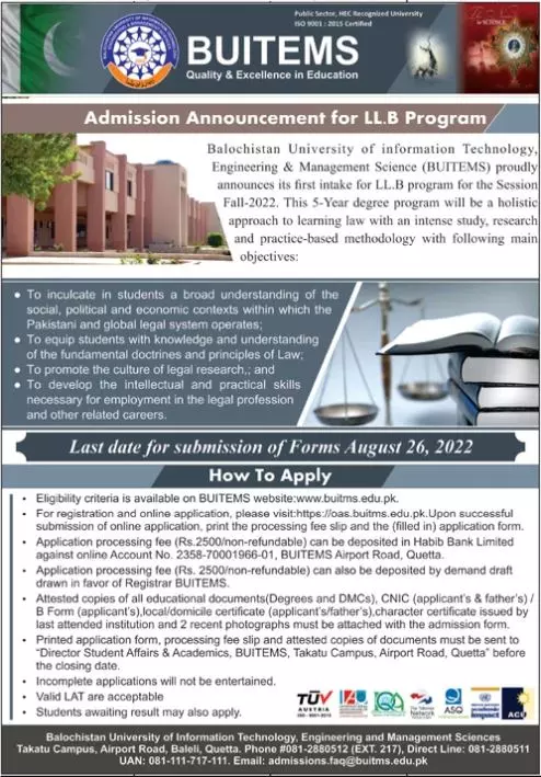 Admission in Balochistan University of Information Technolgy – Balochistan University of Information Technology & Management Science Quetta Admissions 2022 — original advertisement
