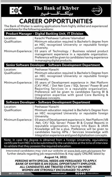 Jobs in Bank of Khyber BOK 2022 Jobs 2022 — original advertisement