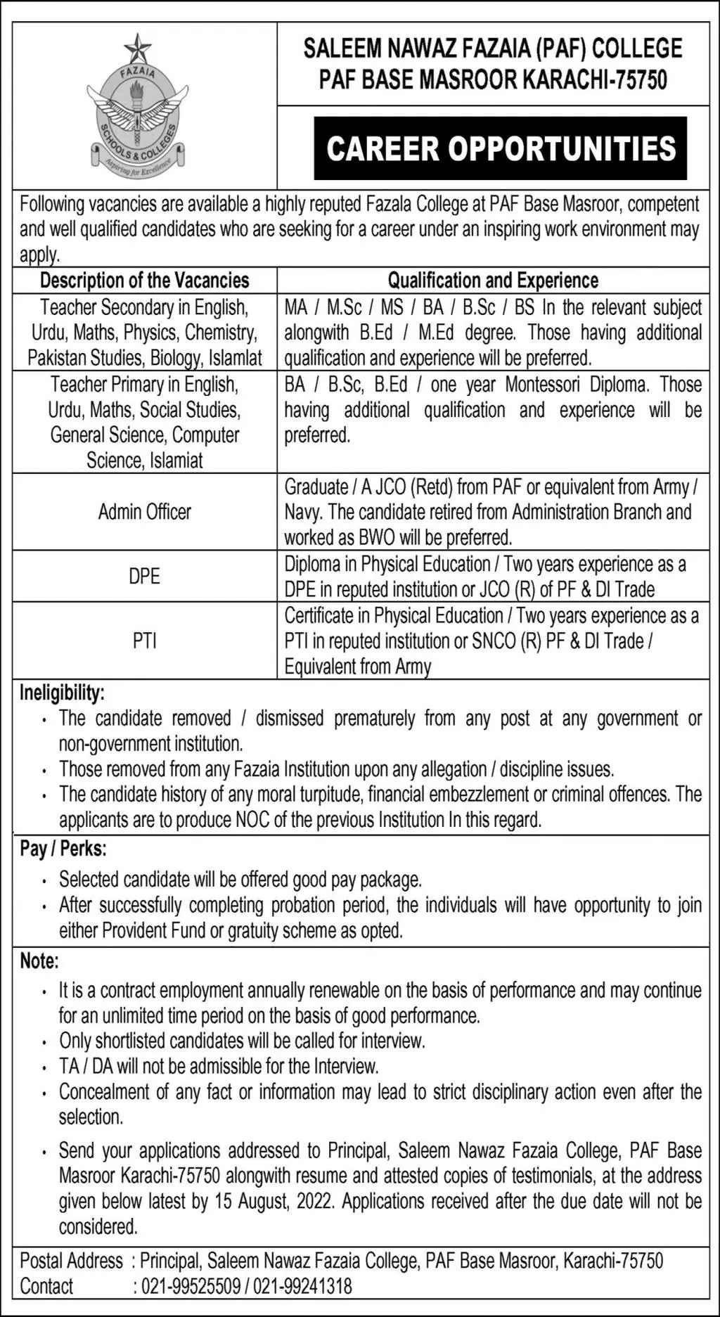 Saleem Nawaz Fazaia College PAF Base Masroor Karachi Jobs – Fazaia Schools & Colleges Jobs 2022 — original advertisement