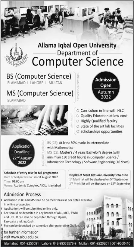 Admission in Allama Iqbal open University Islamabad Admissions 2022 — original advertisement