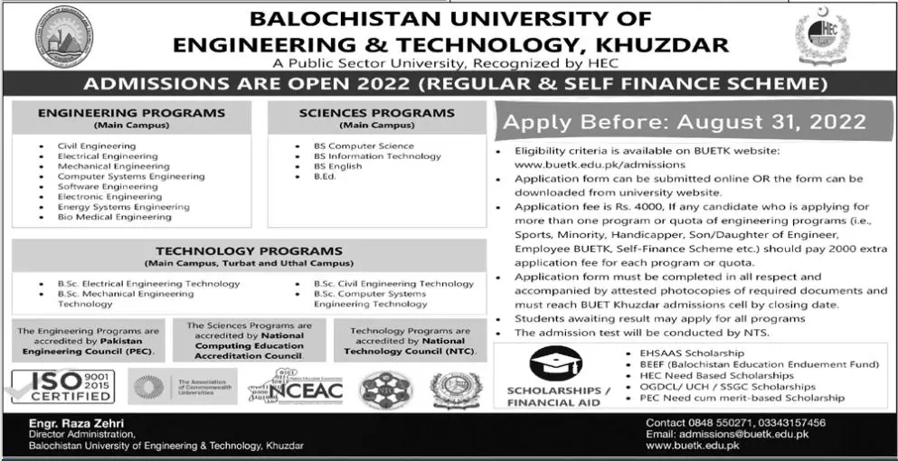 Admission in Balochistan University of Engineering Technolgy – Balochistan University of Engineering and Technology BUETK Khuzdar Admissions 2022 — original advertisement