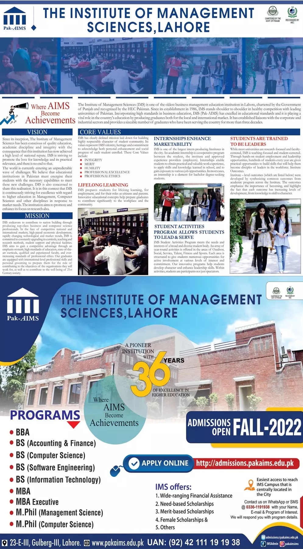 Admission in institute of Management Science Lahore – Institute of Management Sciences Lahore Admissions 2022 — original advertisement