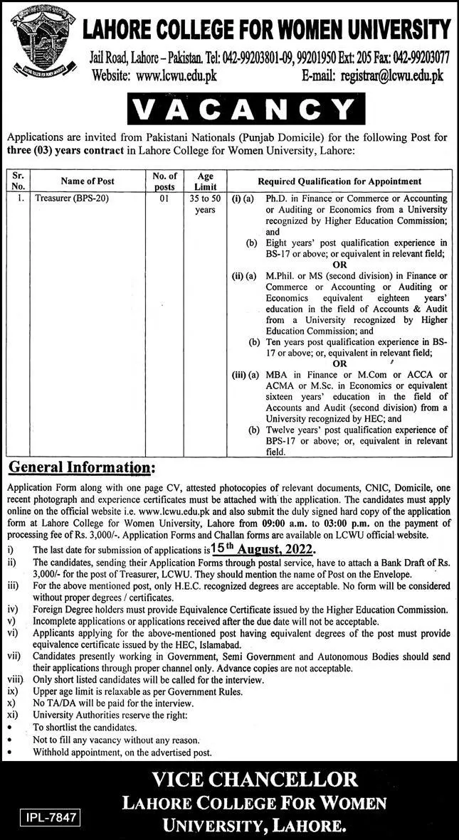 Jobs in Lahore College For Women University Lahore Jobs 2022 — original advertisement