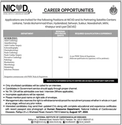 Jobs in National Institute of Cardiovascular Diseases NICVD – National Institute of Cardiovascular Diseases (NICVD) Sindh Karachi Jobs 2022 — original advertisement