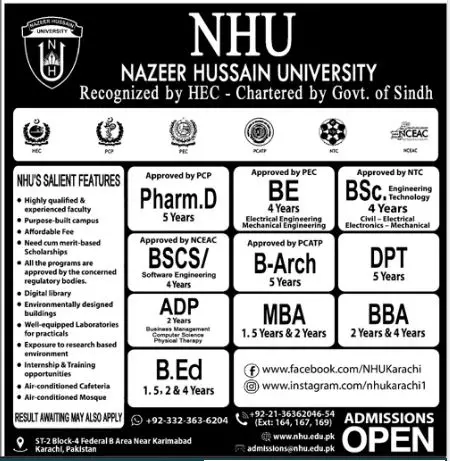 Admission in Nazeer Hussain University Admissions 2022 — original advertisement