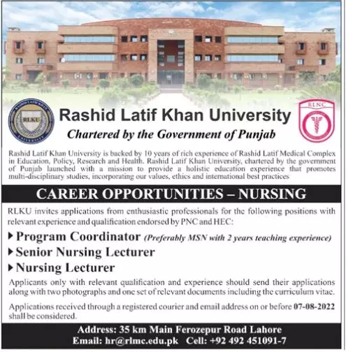 Jobs in Rashid Latif Khan University Lahore Jobs 2022 — original advertisement