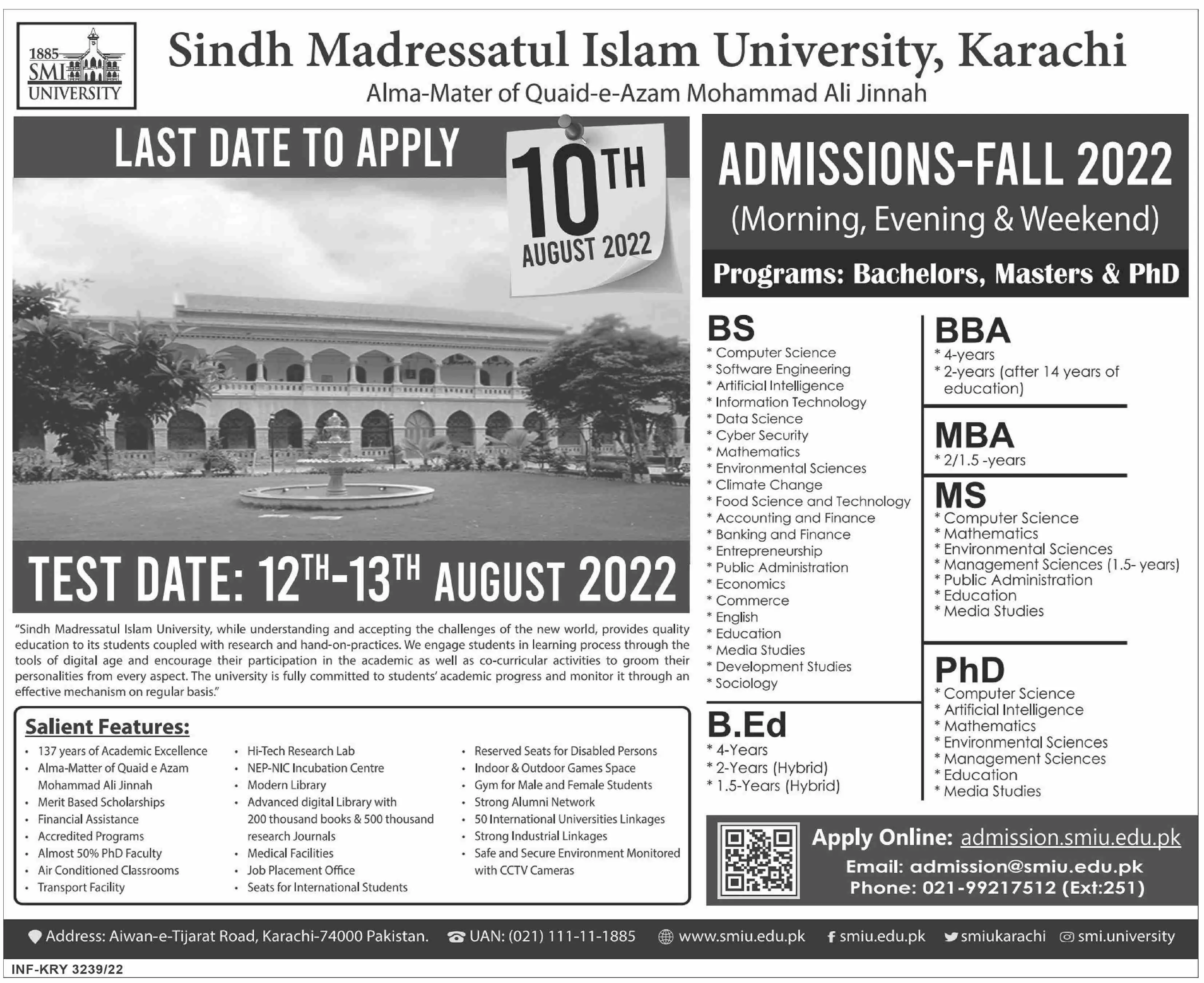 Admission in Sindh Madressatul Islam University Karachi Admissions 2022 — original advertisement