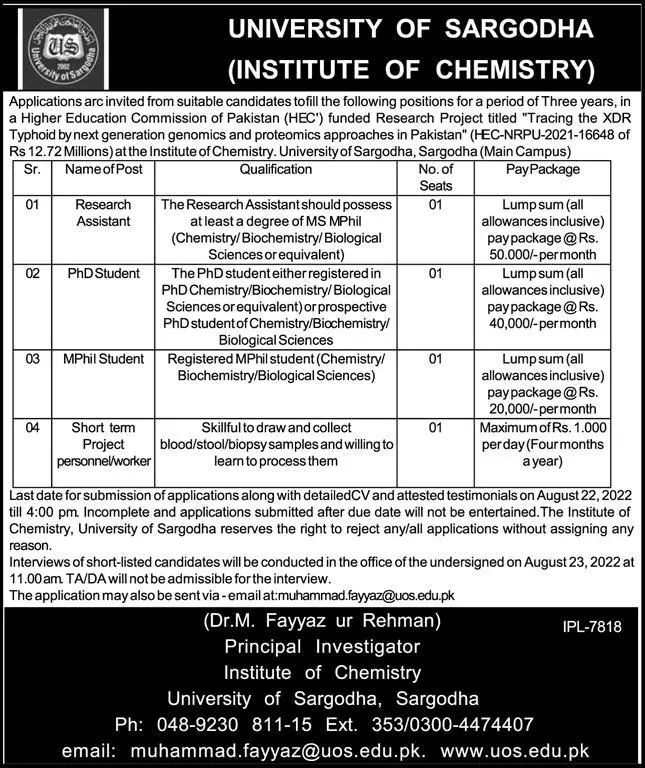 Jobs in University of Sargodha Jobs 2022 — original advertisement