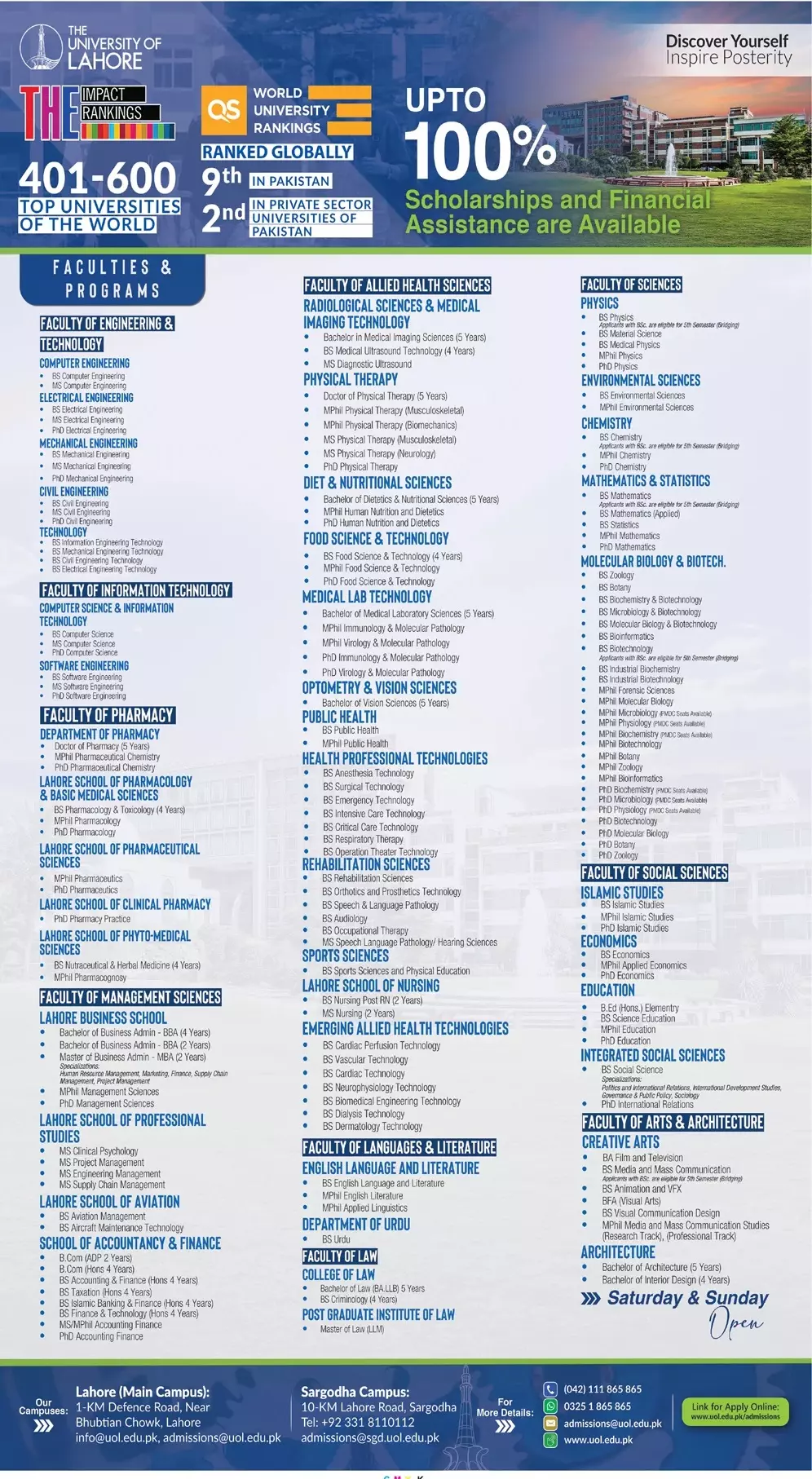 Admission in University of Lahore Punjab Admissions 2022 — original advertisement