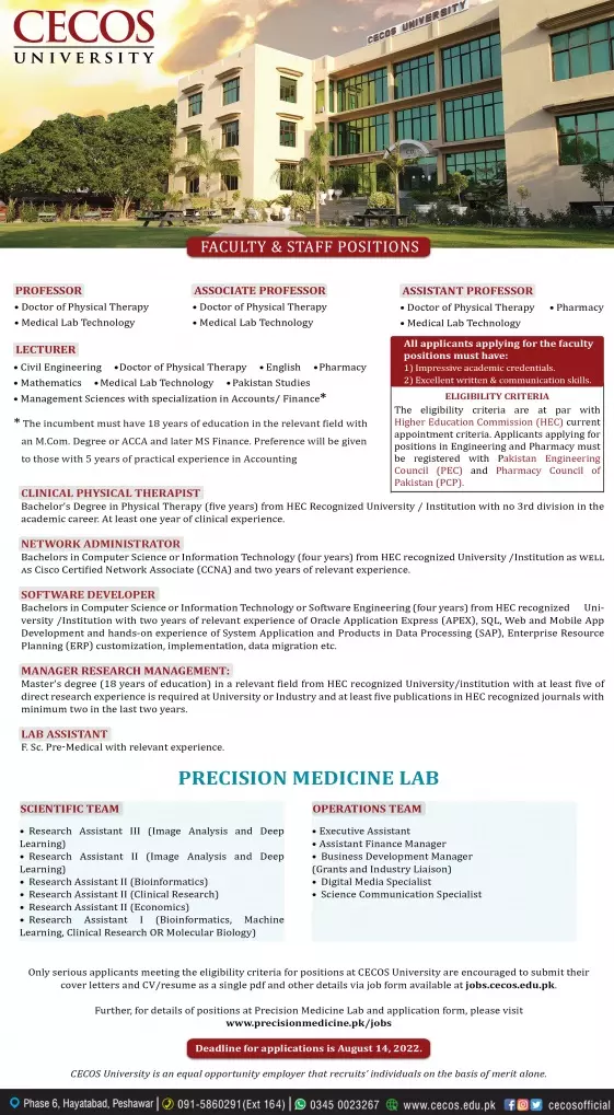Jobs in CECOS University Peshawar 2022 Jobs 2022 — original advertisement