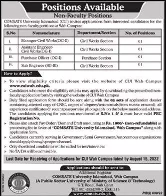 Jobs in COMSATS University Wah Campus – COMSATS University Islamabad Jobs 2022 — original advertisement
