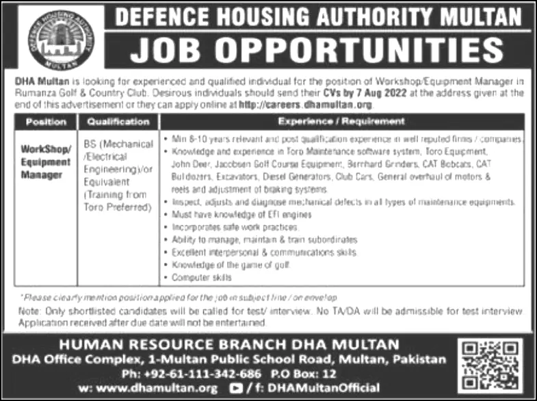 Jobs in Defence Housing Authority DHA Multan Jobs 2022 — original advertisement