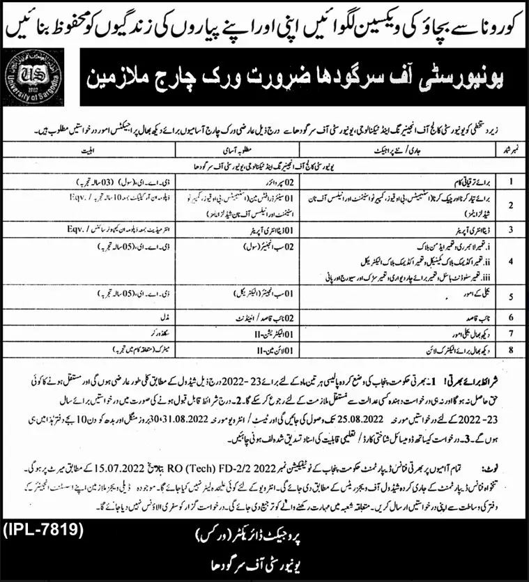 Jobs in University of Sargodha Jobs 2022 — original advertisement