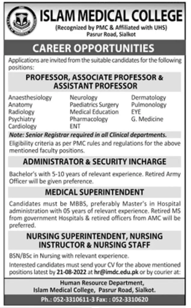Jobs in Islam Medical College Sialkot 2022 Jobs 2022 — original advertisement