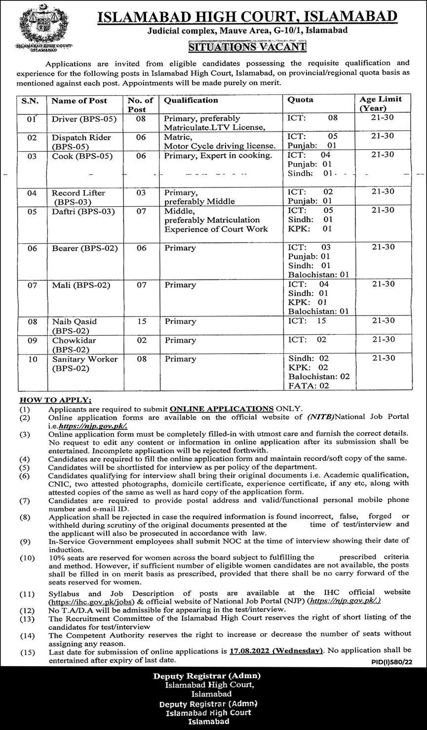 Jobs in Islamabad High Court 2022 Jobs 2022 — original advertisement