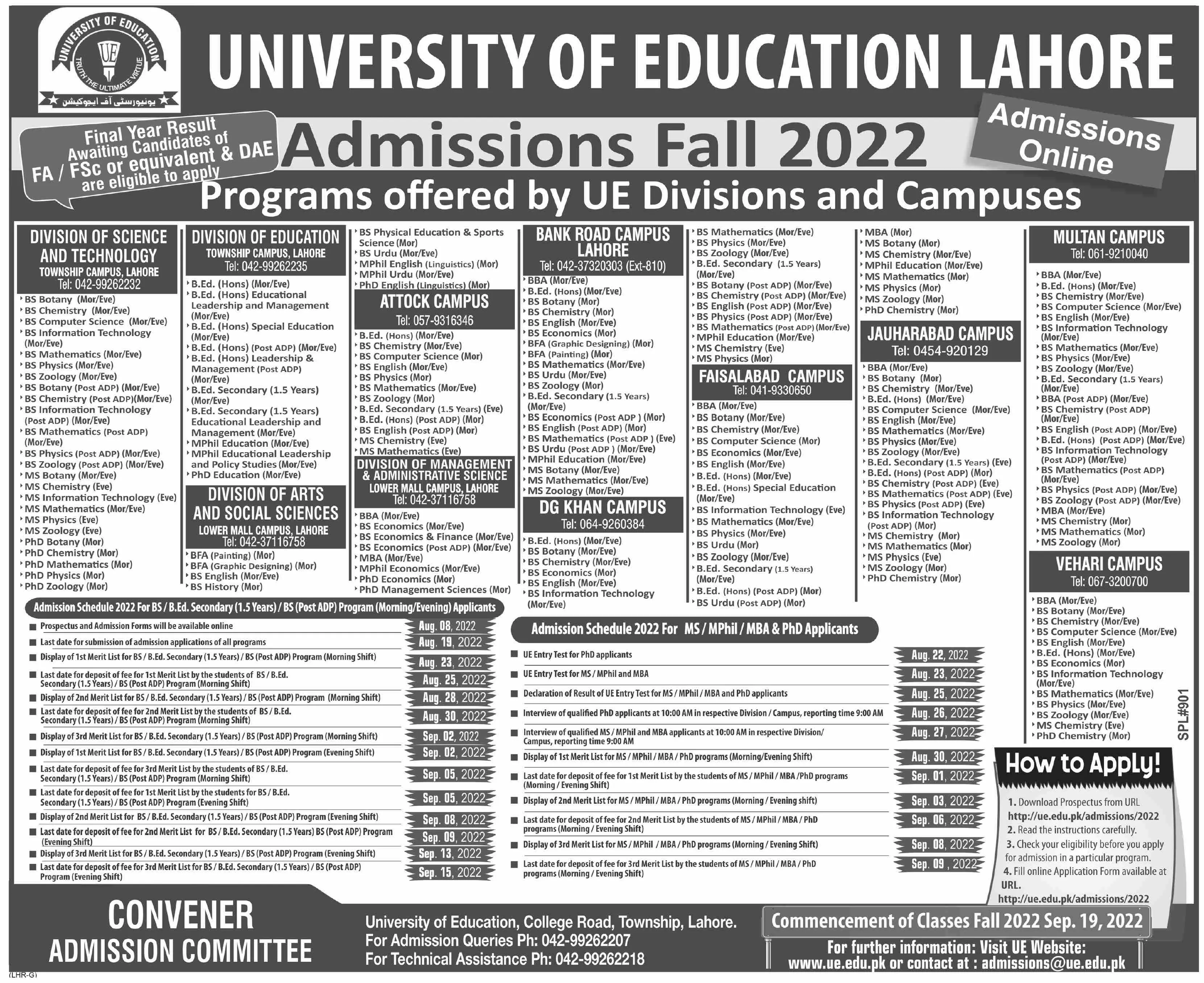 Admission in University of Education Lahore Admissions 2022 — original advertisement