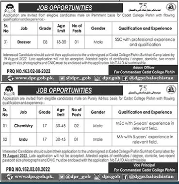 Jobs in Cadet College Pishin 2022 Jobs 2022 — original advertisement
