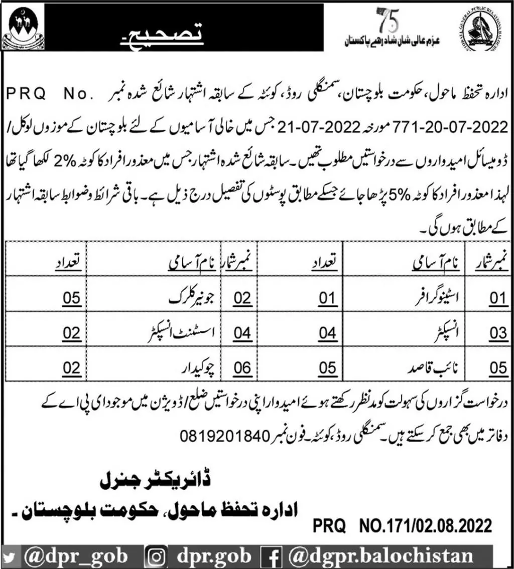 Jobs in Enviromental Protection Department Balochistan – Environmental Protection Department Balochistan Jobs 2022 — original advertisement