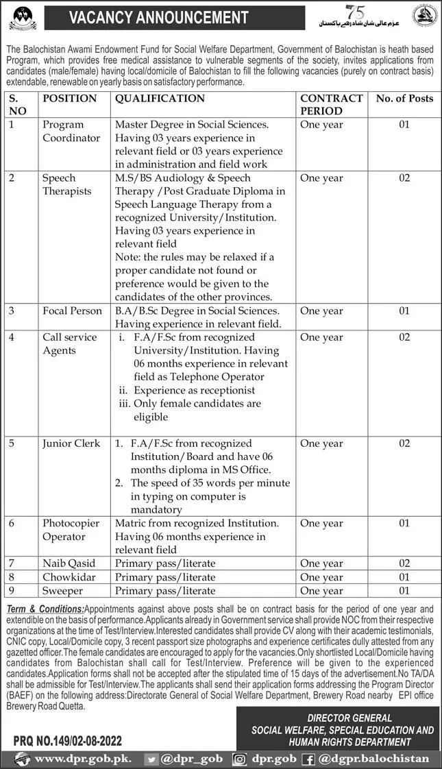 Jobs in Social Welfare Department Quetta Balochistan – Social Welfare Departmen Balochsitan Jobs 2022 — original advertisement