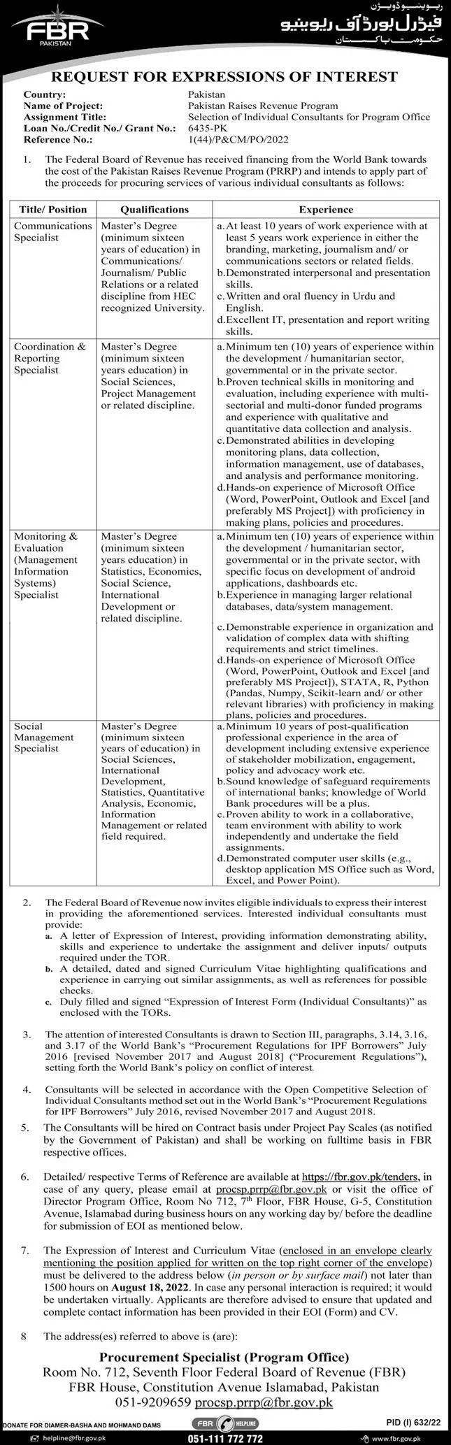 Jobs in Federal Board of Revenue Islamabad Jobs 2022 — original advertisement
