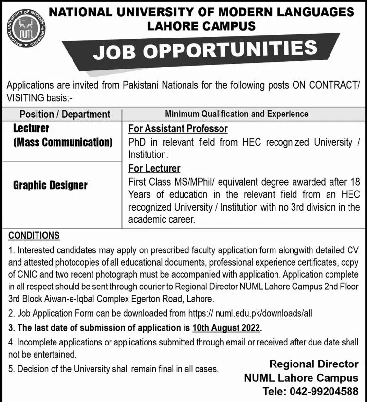 National University of Modern Languages Lahore Campus Jobs – National University of Modern Languages Islamabad Jobs 2022 — original advertisement