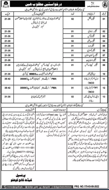Jobs in Cadet College Kohlu Balochistan 2022 Jobs 2022 — original advertisement
