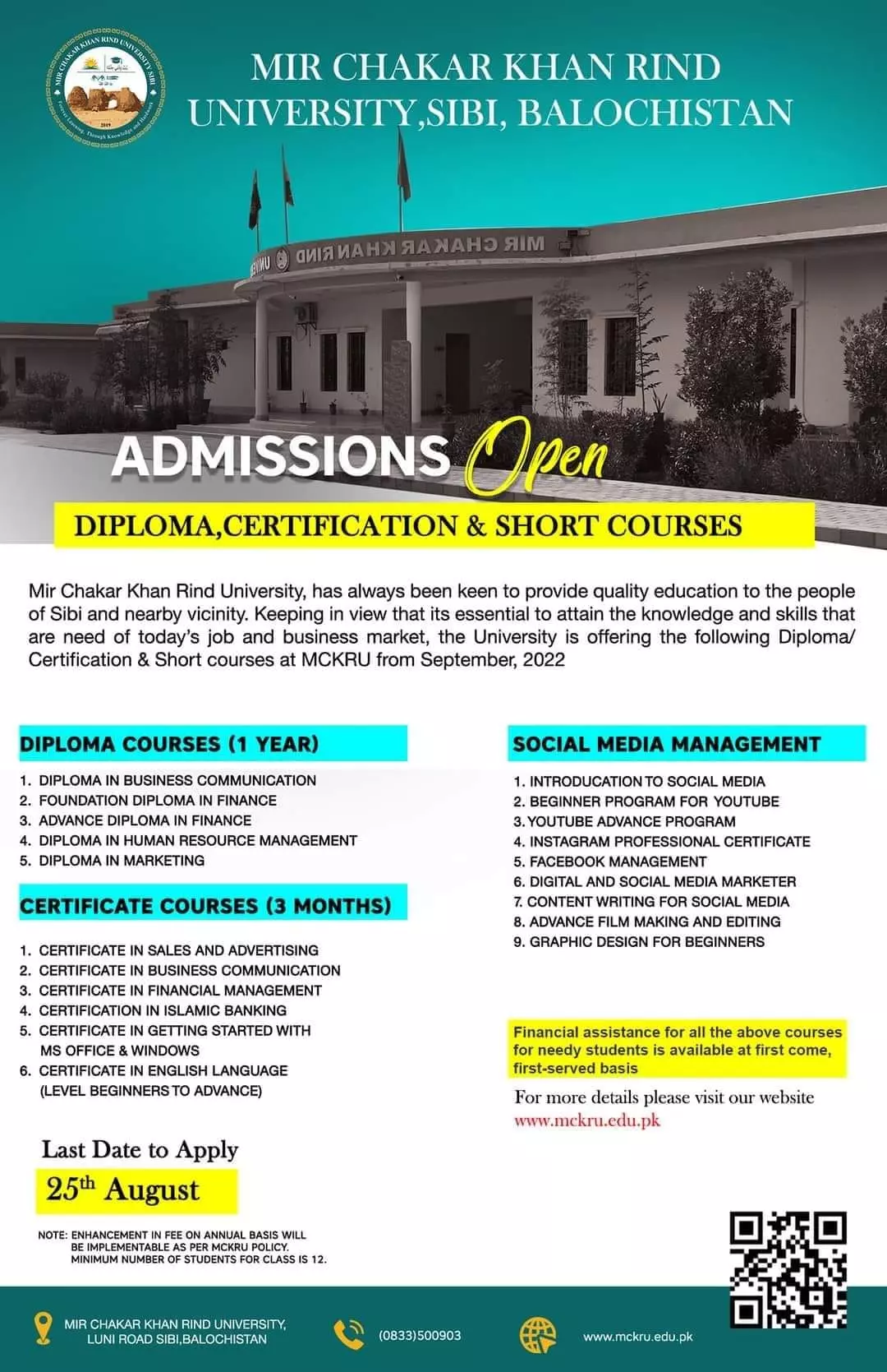 Admission Mir Chakar Khan Rind university sibi Balochistan Admissions 2022 — original advertisement