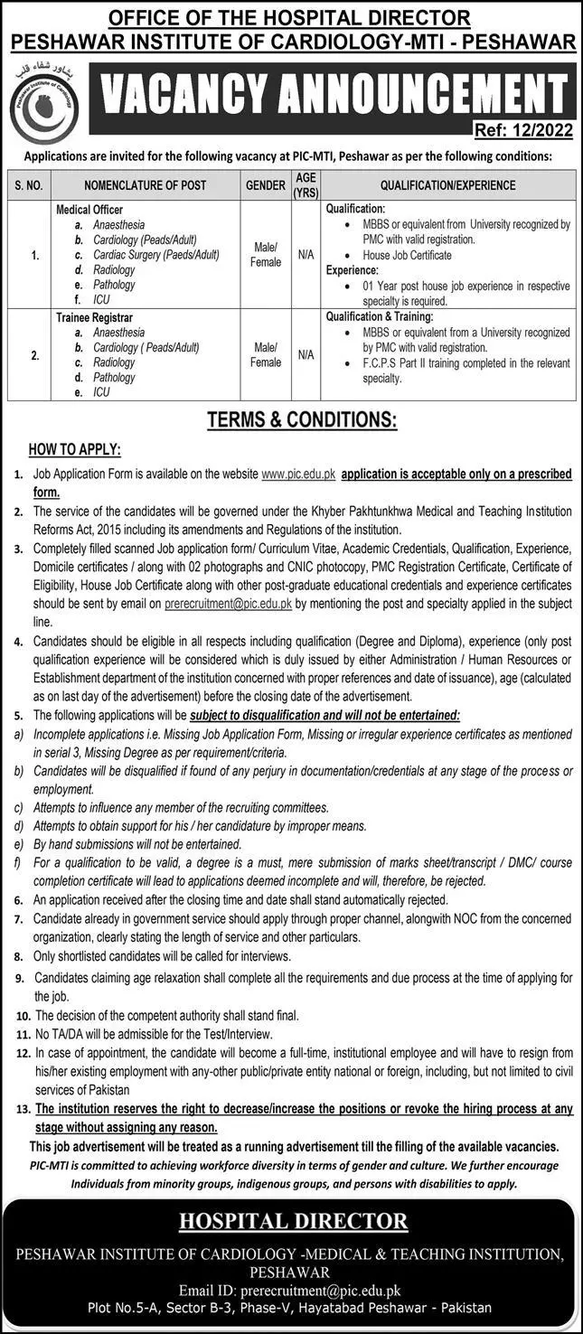 Jobs in Peshawar institute of Cardiology-MTI- Peshawar Jobs 2022 — original advertisement