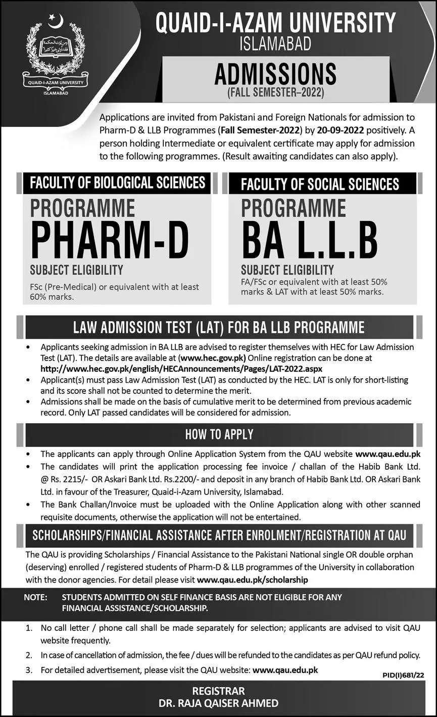Admission in Quaid I Azam University Islamabad – Quaid-i-Azam University Islamabad Admissions 2022 — original advertisement