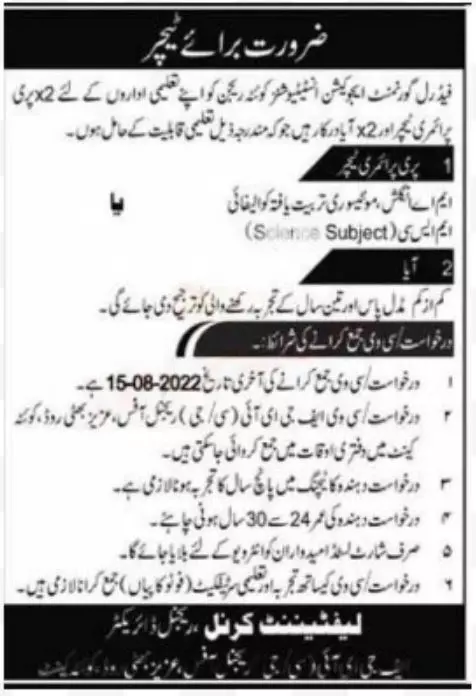 Federal Government Education Institutions Quetta Jobs 2022 – Federal Government Organization Jobs 2022 — original advertisement